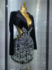 Black Color Women Long Sleeve Sexy V-Neck Waist Hollow Out Bodycon Mini Dress Velvet Shinning Diamond Chain Evening Party Dress