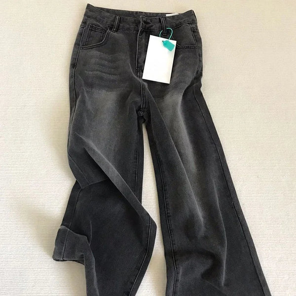 Lady Retro Black Gray High Waist Jeans Pants Women Straight Leg Denim Trousers Girls Loose Fit Thin Casual Pants