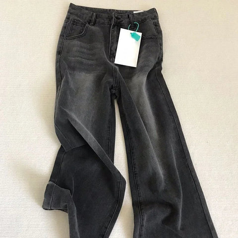 Lady Retro Black Gray High Waist Jeans Pants Women Straight Leg Denim Trousers Girls Loose Fit Thin Casual Pants
