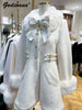 Winter Japanese Sweet Bow Slim Medium Long Woolen Coat Faux Fur Collar Lolita Girl Women's Pink White Wool Jacket Overcoat