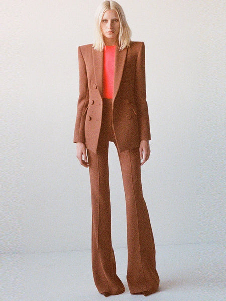 High Street Designer Suit Set Women's Career Double Breasted Blazer Flare Pants Suit 2pcs