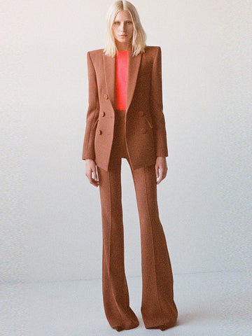 High Street Designer Suit Set Women's Career Double Breasted Blazer Flare Pants Suit 2pcs