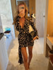 Sexy Black Print Wrap Mini Dress Women Long Sleeve Deep V Neck Button Tie Waist Bodycon Party Gown Chic Evening Clubwear