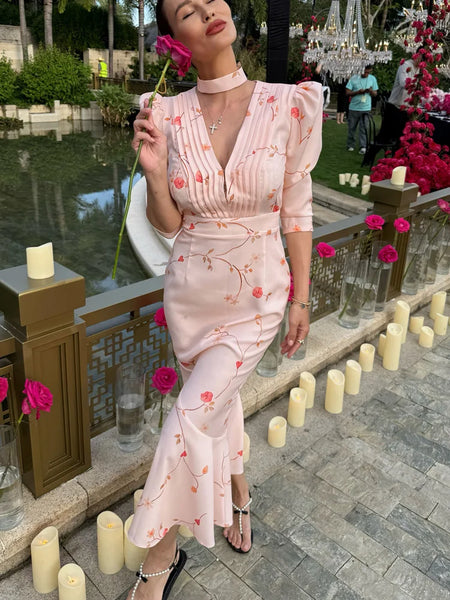 Elegant Printed V-Neck Long Dress Female High Waist Bandage Slim Contrast Party Dress Evening Women's Lace-Up Maxi Dress