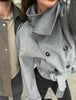 Grey Lace Up Short Woolen Coat Women Chic Solid Stand Collar Double Breasted Pocket Slim Jacket Lady Commute Street Wear