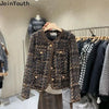 Vintage Jackets Women Clothing O-neck Long Sleeve Pocket Tweed Temperament Tops Korean Cropped Coat Y2k Clothes