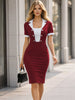Women’s Retro Work Button Notched Neck Contrast Patchwork Knee Length Dresses Business Office Elegant Bodycon Sheath Dress