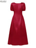 Elegant Chic Women Satin Wedding Guest Party Long Dresses Square Neck Short Puff Sleeve Fitted Waist A-Line Dress S-3XL