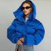 Solid Hooded Cropped Puffer Jacket Women Stand Collar Snap Button Loose Long Sleeve Jackets Winter Casual Warm Padded Coat
