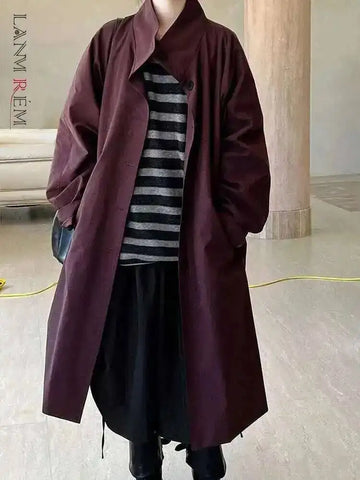 Office Lady Trench Coat Solid Color Lapel Long Sleeves Single Breasted Loose Windbreaker Spring Autumn 2DA8844