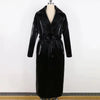 Spring Autumn Long Waterproof Shiny Reflective Black Patent Leather Cocoon Coat Women Sashes Designer Clothes