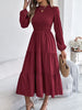 Women's Spring Vacation Solid Color Round Neck Long Sleeve Midi Dress with Ruffled Waist