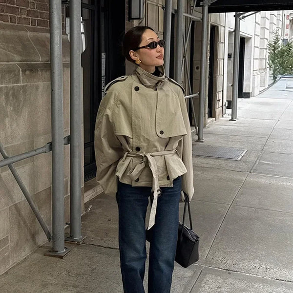 Versatile Stylish Short Windbreaker Jacket Retro Stand Collar Loose Long Sleeve Women Coat Office Lady Autumn Wear