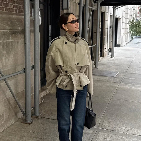 Versatile Stylish Short Windbreaker Jacket Retro Stand Collar Loose Long Sleeve Women Coat Office Lady Autumn Wear