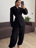 Chic Solid Lapel Coat Long Pant Suit Women Casual Full Sleeve Waist Cinching Blazer Wide-leg Pants Set Lady Daily Street Outfit