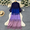 Tassel Patchwok Color Block Dress for Women Pleated Puff Sleeve Mid-calf Dresses Female Autumn