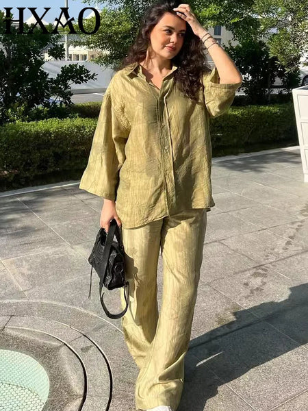 Print Loose Pant Sets Women's Suit Green Oversized Long Sleeve Shirt Set 2 Piece Woman Elegant Floral Lace-Up Trousers Sets