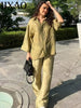 Print Loose Pant Sets Women's Suit Green Oversized Long Sleeve Shirt Set 2 Piece Woman Elegant Floral Lace-Up Trousers Sets