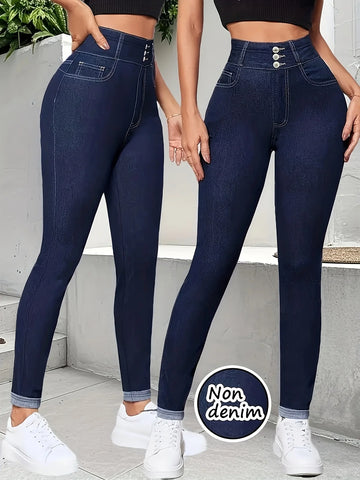 Women's High Waist Faux Denim Leggings Double Button Stretch Skinny Pants Casual Slim Fit Fake Jeans Trousers