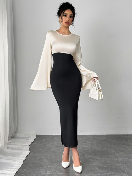 Women Maxi Dress Bell Sleeve Color Block Satin Bodycon Casual Dresses Elegant Spring Sexy Evening Wedding Guest Party Date Dress