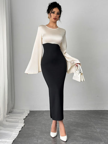 Women Maxi Dress Bell Sleeve Color Block Satin Bodycon Casual Dresses Elegant Spring Sexy Evening Wedding Guest Party Date Dress