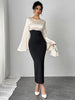 Women Maxi Dress Bell Sleeve Color Block Satin Bodycon Casual Dresses Elegant Spring Sexy Evening Wedding Guest Party Date Dress