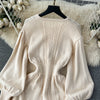 Loose Casual Knit Long Dress Women Solid Elastic Waist Lantern Sleeve O Neck Ladies Winter Sweater Dresses
