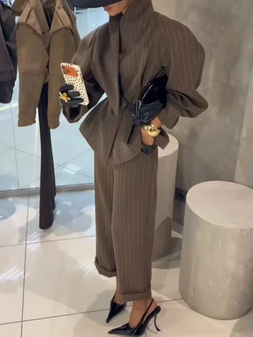 Women Black Pinstripe Two Piece Suit Belted Wrap Blazer Wide Leg Pants Autumn Office Formal Business Outfit Sets