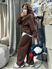 Women Casual Drawstring Waist Cinched Fleece 2 Piece Outfits Half Zip Stand Collar Sweatshirt Wide Leg Pants Set