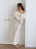 White Lace Patchwork Long Dress Women's Pleated Ruffle Sleeve Off shoulder bodycon See Through Vestidos Lady Party Gowns