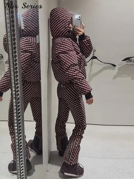 Striped Ski Suit Women's Hooded Full Sleeves Zippers Warm Coats High Waist Pants Winter Winter Lady Tracksuit