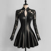 Women's Pleated A-line Dress PU Leather Lace Patchwork Long Sleeve Zipper Mini Dress High Street Casual Elegant Y2K Chic Dress