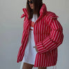 Women Striped Hooded Cotton Jacket Long Sleeve Stand Zipper Buttons Thickening Padded Jackets Winter Casual Coat