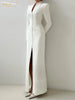 Sexy Slim White Women's Dress V-Neck Long Sleeve Ankle Length Dresses Elegant Classic Slit Female Dress