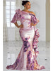 Floral Print One Shoulder Mermaid Gown Ruffle Trim Satin Formal Evening Dress Elegant Plus Size Wedding Guest Dress for Women