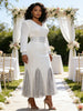 Womens Plus Size Pleated Elegant Maxi Long Sleeve Dress with Sequin Belt and Patchwork Hem for Wedding Guest