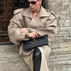 Women Kahkai Lapel V-neck Belt Trench Coat Lace Up Full Sleeve Button Short Thin Windbreak Lady Daily Street Outerwear