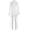 Mesh Patchwork Long Dresses Women Autumn Square Collar Flared Sleeve Ruffle Ribbon Street Sexy