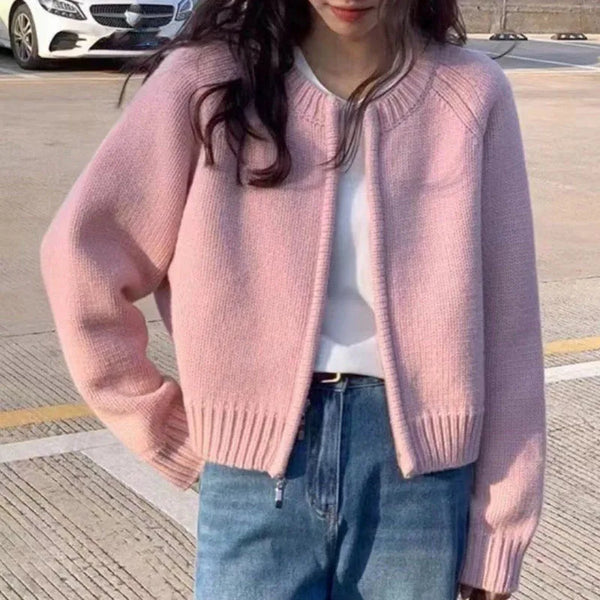 Autumn Winter Short Knitting Cardigan Women Solid Color Long Sleeve Round Neck Sweater Jacket Casual Zipper Sweater Coats