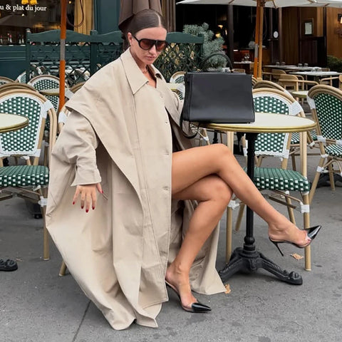 Women's Cape Trench Coat Vintage Double-breasted Long Sleeve Lapel Loose Fit Oversized Overcoat Street Autumn Irregular Jacket