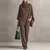Women's Casual Long Sleeve Solid 2Pc Outfits Elegant Draped Wide Legger Suit Pile up Collar Cape Tops & Long Pants Sets