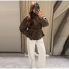Elegant Suede Belt Women's Jacket Loose Full Sleeve Stand Collar Single Breasted Lace Up Jacket Female Autumn Coat