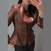 Women Lapel Collar Single Button Croc Embossed Leather Jacket Long Sleeve Drop Shoulder Patch Pocket Loose Retro Short Street