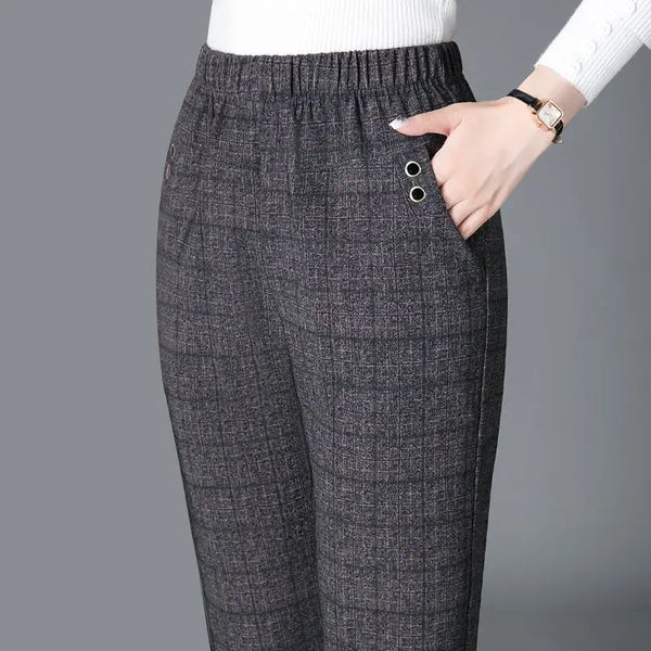 Korean Women Vintage Slim Pants Spring Autumn Streetwear Elastic High Waist Stripe Plaid Straight Casual Trousers