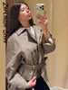 Vintage Plaid Women's Cropped Trench Coat Autumn Lapel Tie Waist Full Sleeve Windbreaker Chic Casual Elegant Jacket