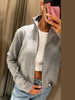 Grey Stand Collar Knit Cardigan Women's Full Sleeve Zippers Pocket Coats Autumn Lady Daily Casual Streetwear