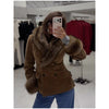 Women Suede Faux Fur Trim Jacket Fur Lapel Collar Cuffs Double Breasted Fitted Waist Long Sleeve Coats Vintage Warm Winter Coat