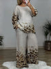Women Casual Leopard Printed Plus Size Two Piece Pant Set Round Neck Vintage Long Sleeve Matching Set for Autumn