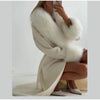 White Fur Patchwork Lace-up Overcoats Women's Street V-neck Full Sleeve Long Woolen Coat Winter Ladies Thick Outwear