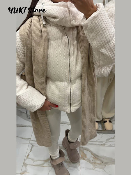 Winter Puffy Warm Women's Padded Coat Detachable Hooded Full Sleeve Zip-up Cropped Cotton Coats Lady Solid Thicken Jacket